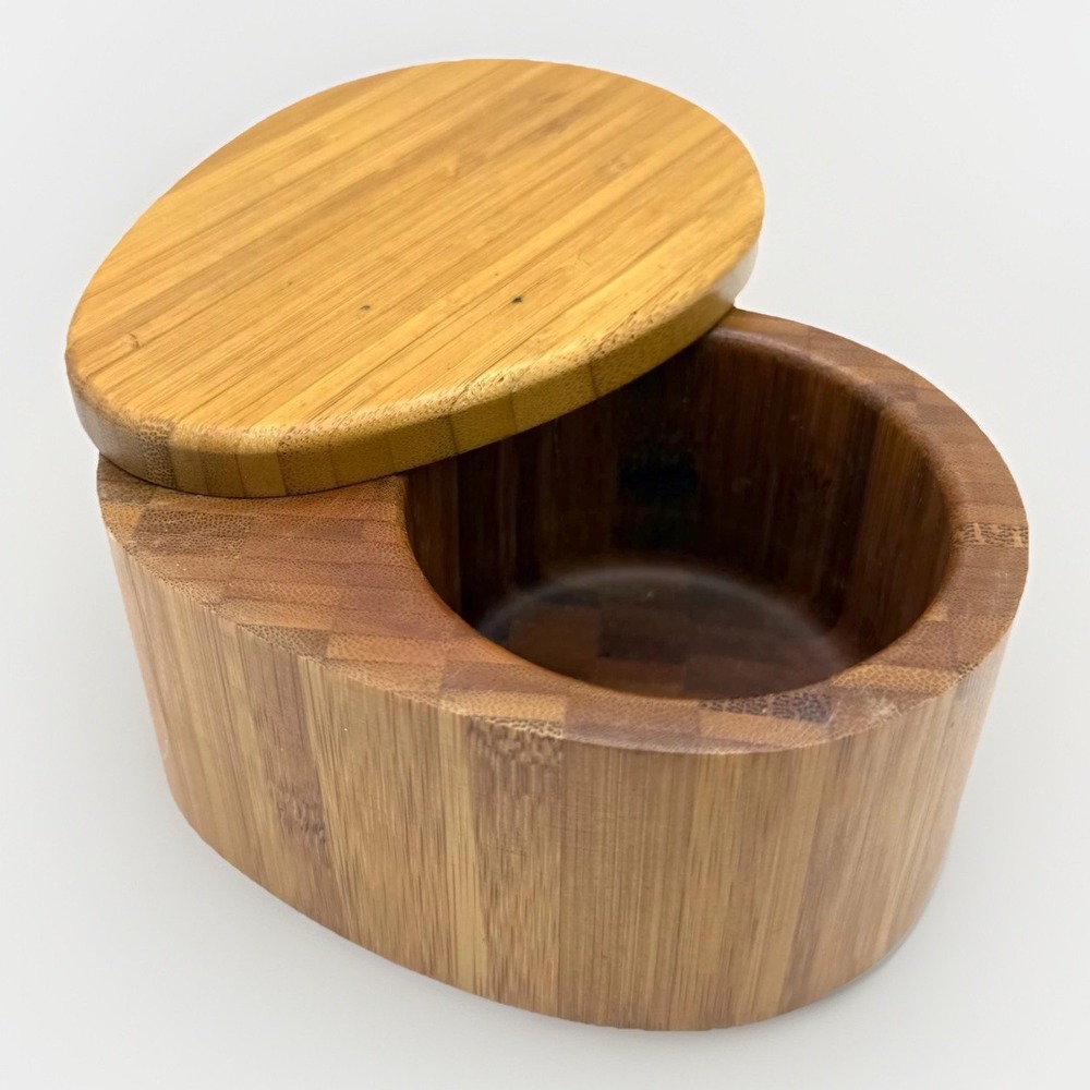 Crate & Barrel Bamboo Salt Keeper with Swivel Lid • 5"x3.75"x3" Kitchen Cellar